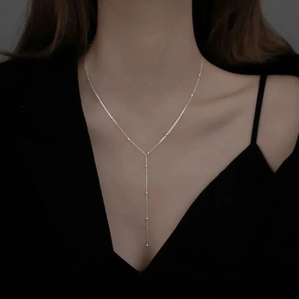Dainty Sterling Silver Beaded Lariat Necklace